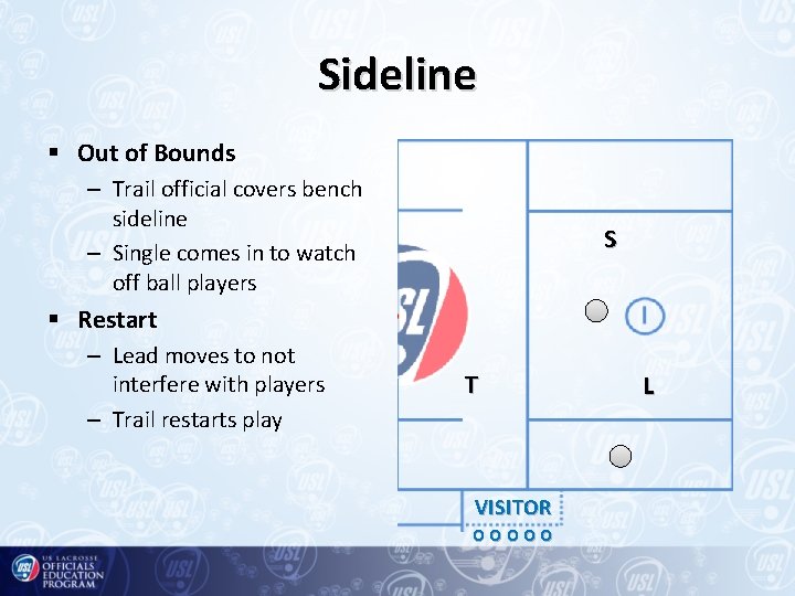 Sideline § Out of Bounds – Trail official covers bench sideline – Single comes