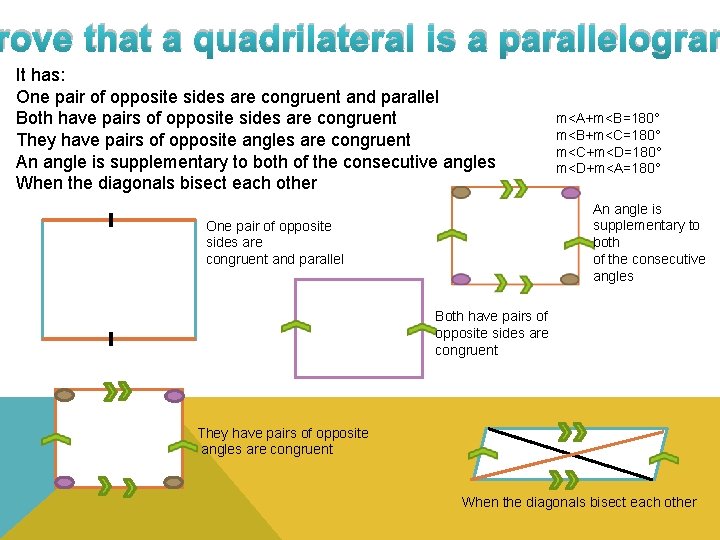 rove that a quadrilateral is a parallelogram It has: One pair of opposite sides