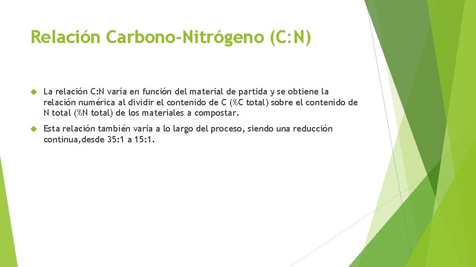 Relación Carbono-Nitrógeno (C: N) La relación C: N varía en función del material de