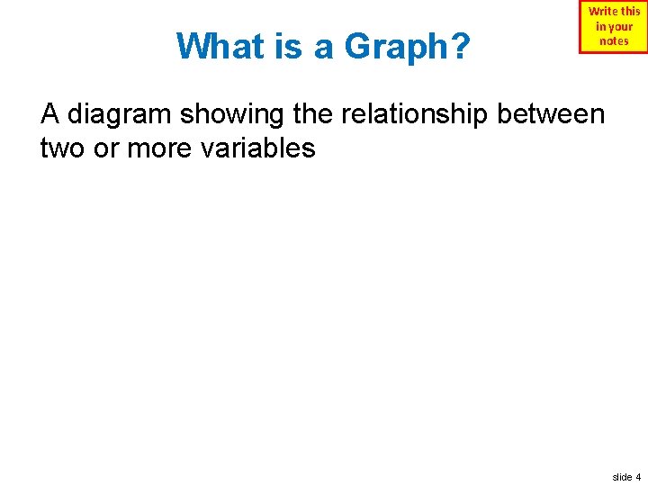 What is a Graph? Write this in your notes A diagram showing the relationship