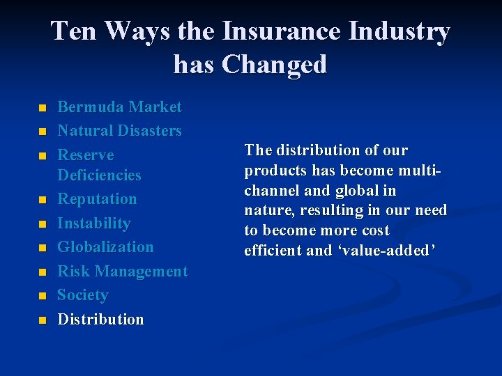 Ten Ways the Insurance Industry has Changed n n n n n Bermuda Market