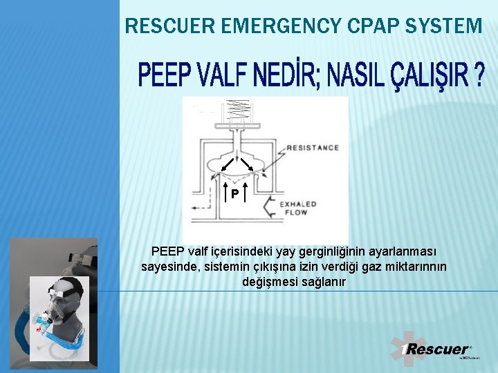 RESCUER EMERGENCY CPAP SYSTEM P PEEP valf içerisindeki yay gerginliğinin ayarlanması sayesinde, sistemin çıkışına RESCUER EMERGENCY CPAP SYSTEM P PEEP valf içerisindeki yay gerginliğinin ayarlanması sayesinde, sistemin çıkışına