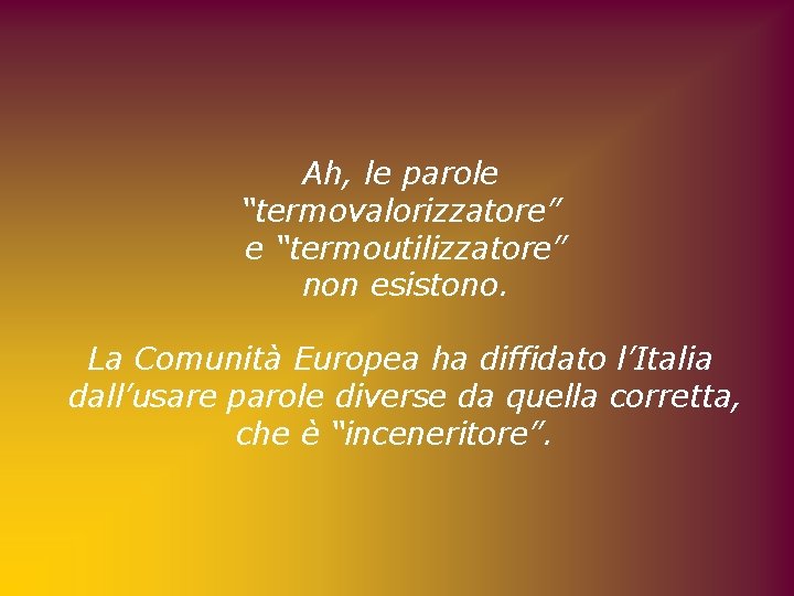 Ah, le parole “termovalorizzatore” e “termoutilizzatore” non esistono. La Comunità Europea ha diffidato l’Italia