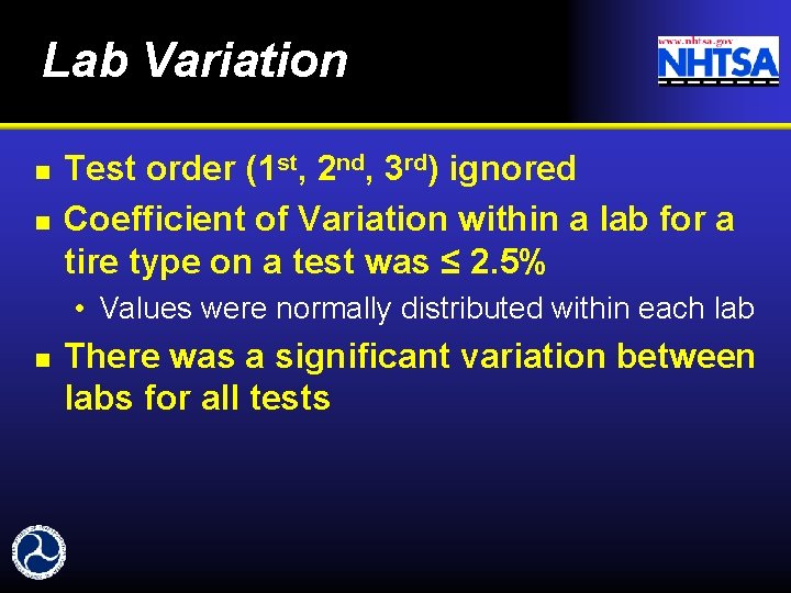 Lab Variation n n Test order (1 st, 2 nd, 3 rd) ignored Coefficient