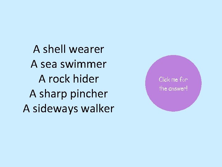 A shell wearer A sea swimmer A rock hider A sharp pincher A sideways