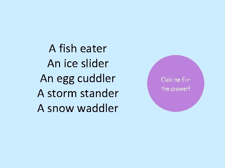 A fish eater An ice slider An egg cuddler A storm stander A snow