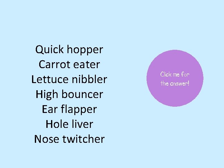 Quick hopper Carrot eater Lettuce nibbler High bouncer Ear flapper Hole liver Nose twitcher