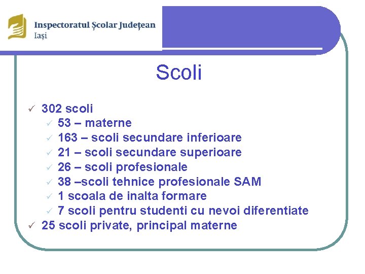 Scoli 302 scoli ü 53 – materne ü 163 – scoli secundare inferioare ü