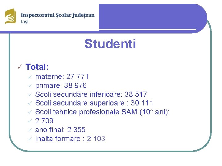 Studenti ü Total: ü ü ü ü materne: 27 771 primare: 38 976 Scoli