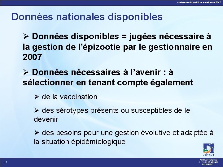 Analyse du dispositif de surveillance 2007 Données nationales disponibles Données disponibles = jugées nécessaire