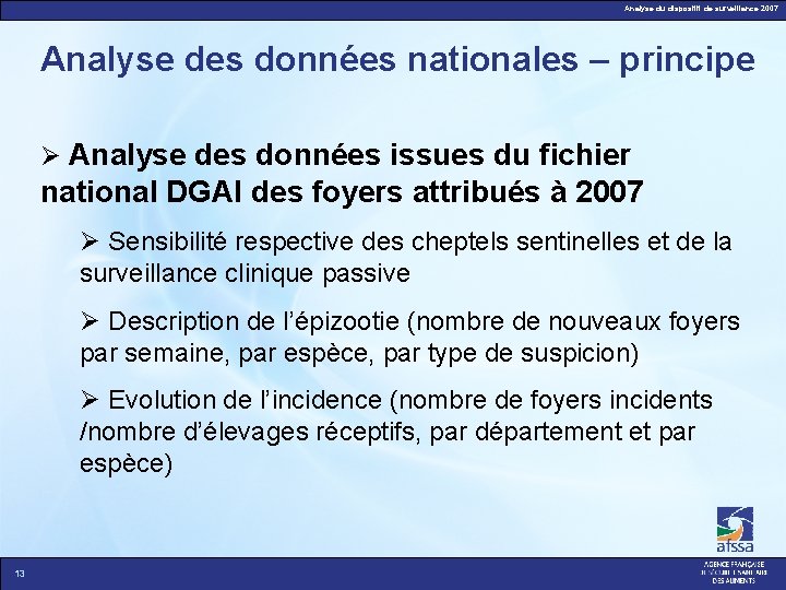 Analyse du dispositif de surveillance 2007 Analyse des données nationales – principe Analyse des
