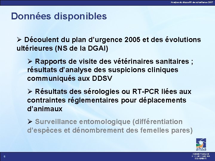 Analyse du dispositif de surveillance 2007 Données disponibles Découlent du plan d’urgence 2005 et