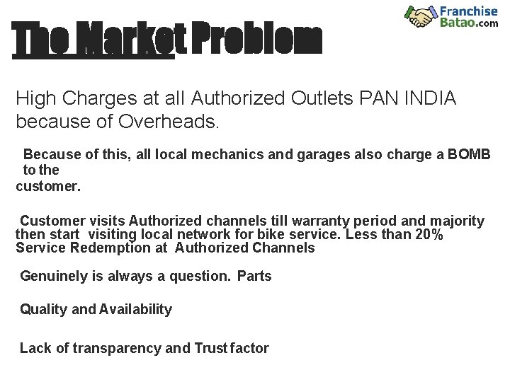 The Market Problem High Charges at all Authorized Outlets PAN INDIA because of Overheads.
