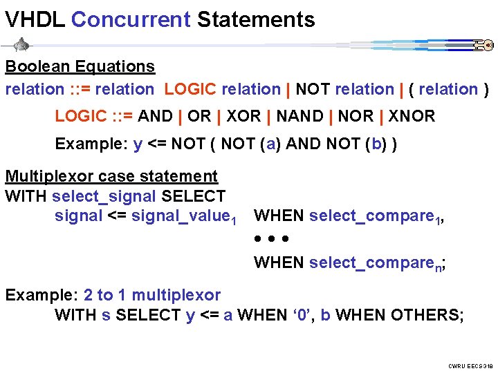 VHDL Concurrent Statements Boolean Equations relation : : = relation LOGIC relation | NOT