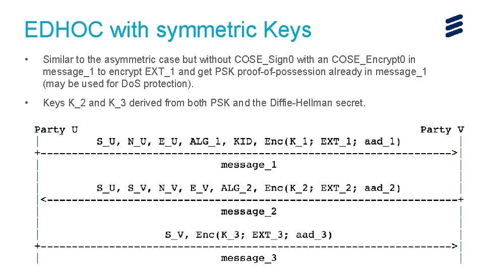 EDHOC with symmetric Keys • Similar to the asymmetric case but without COSE_Sign 0 EDHOC with symmetric Keys • Similar to the asymmetric case but without COSE_Sign 0