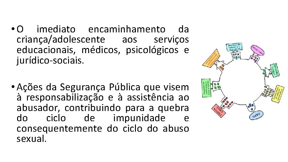  • O imediato encaminhamento da criança/adolescente aos serviços educacionais, médicos, psicológicos e jurídico-sociais.