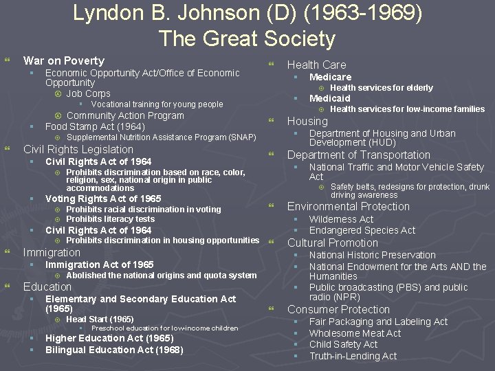 Lyndon B. Johnson (D) (1963 -1969) The Great Society } War on Poverty §