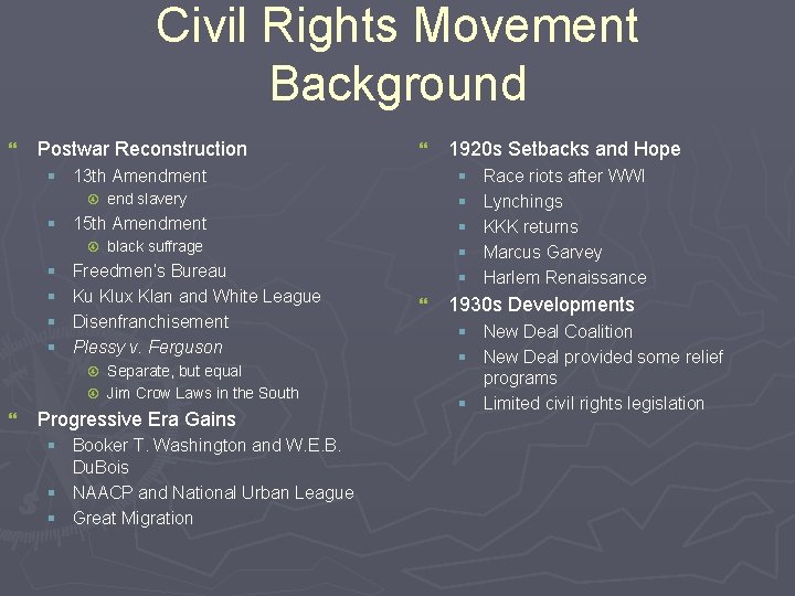 Civil Rights Movement Background } Postwar Reconstruction } § 13 th Amendment § §