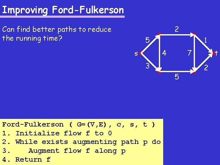 Improving Ford-Fulkerson Can find better paths to reduce the running time? 2 5 s