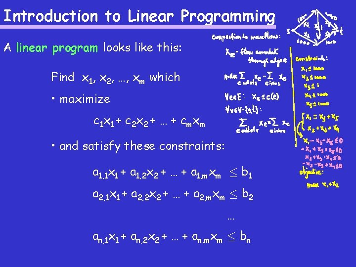 Introduction to Linear Programming A linear program looks like this: Find x 1, x