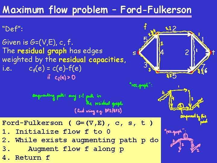 Maximum flow problem – Ford-Fulkerson “Def”: Given is G=(V, E), c, f. The residual