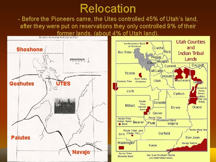 Relocation - Before the Pioneers came, the Utes controlled 45% of Utah’s land, after