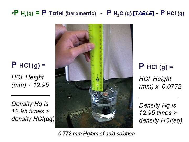• P H 2(g) = P Total (barometric) - P H 2 O • P H 2(g) = P Total (barometric) - P H 2 O