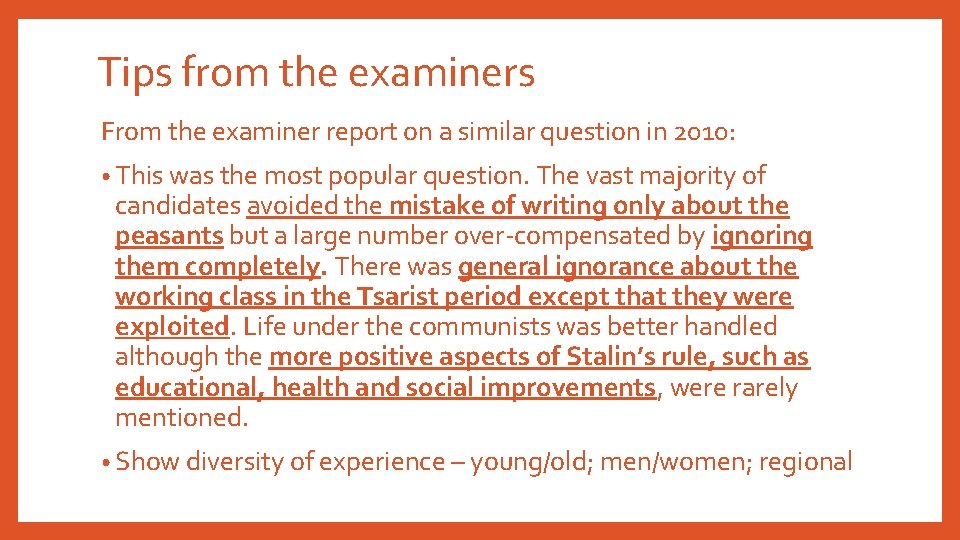 Tips from the examiners From the examiner report on a similar question in 2010: