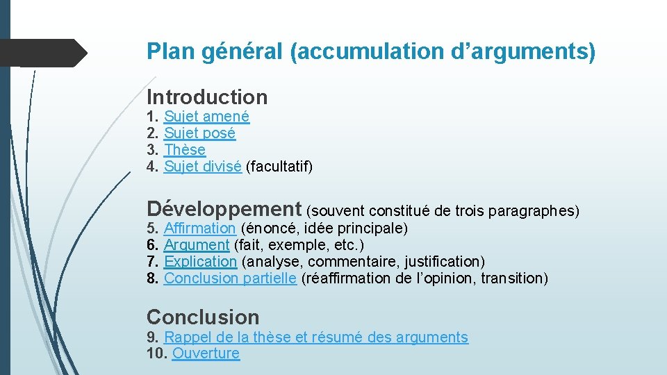 Plan général (accumulation d’arguments) Introduction 1. Sujet amené 2. Sujet posé 3. Thèse 4.
