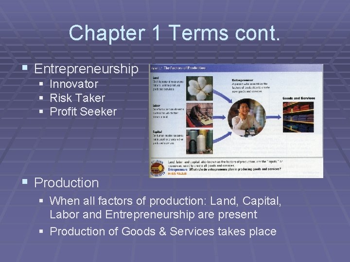 Chapter 1 Terms cont. § Entrepreneurship § Innovator § Risk Taker § Profit Seeker Chapter 1 Terms cont. § Entrepreneurship § Innovator § Risk Taker § Profit Seeker