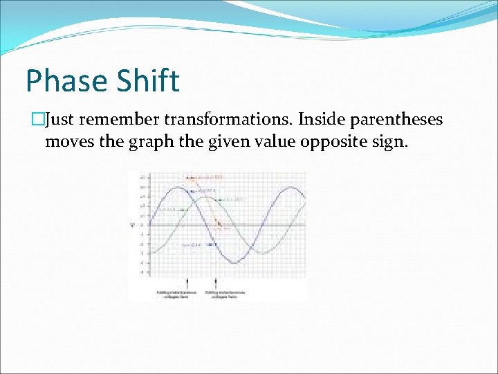 Phase Shift �Just remember transformations. Inside parentheses moves the graph the given value opposite