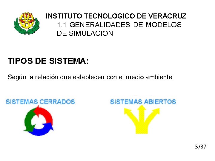 INSTITUTO TECNOLOGICO DE VERACRUZ 1. 1 GENERALIDADES DE MODELOS DE SIMULACION TIPOS DE SISTEMA: