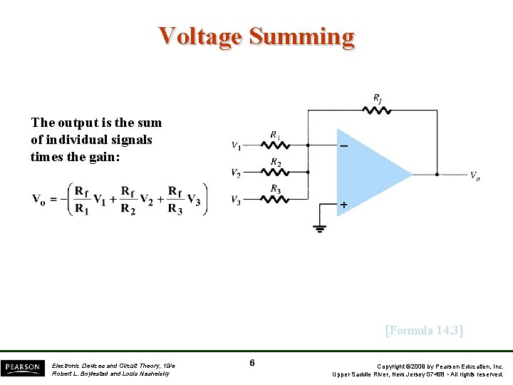 Voltage Summing The output is the sum of individual signals times the gain: [Formula