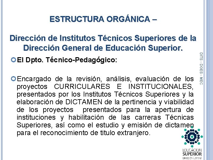 ESTRUCTURA ORGÁNICA – El Dpto. Técnico-Pedagógico: Encargado de la revisión, análisis, evaluación de los