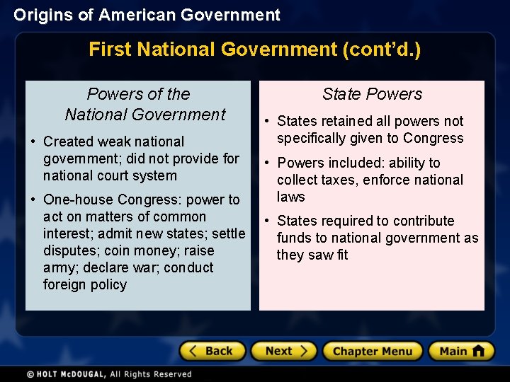 Origins of American Government First National Government (cont’d. ) Powers of the National Government