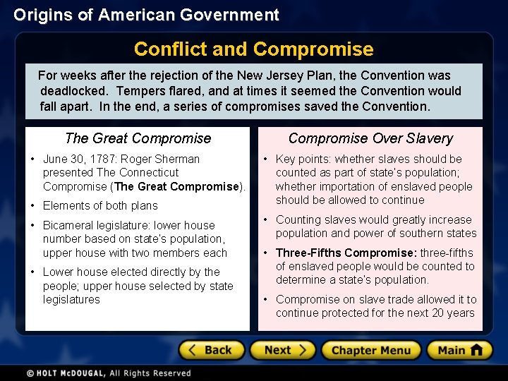 Origins of American Government Conflict and Compromise For weeks after the rejection of the