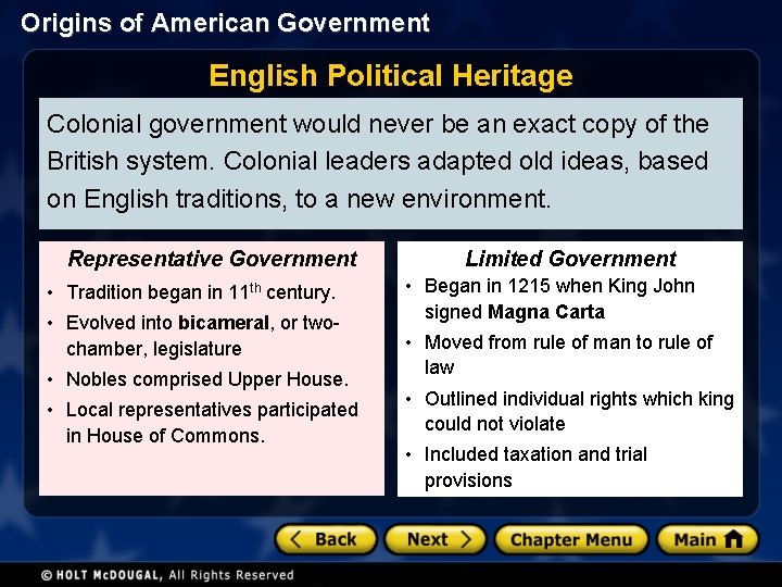 Origins of American Government English Political Heritage Colonial government would never be an exact