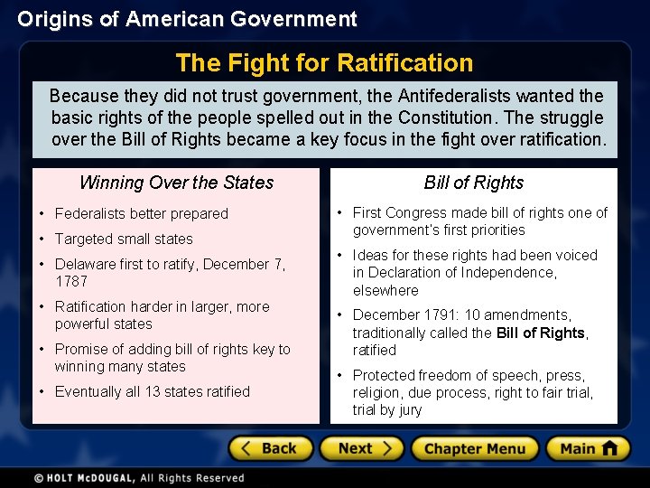 Origins of American Government The Fight for Ratification Because they did not trust government,
