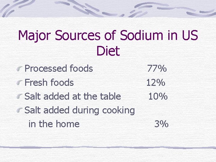 Major Sources of Sodium in US Diet Processed foods Fresh foods Salt added at