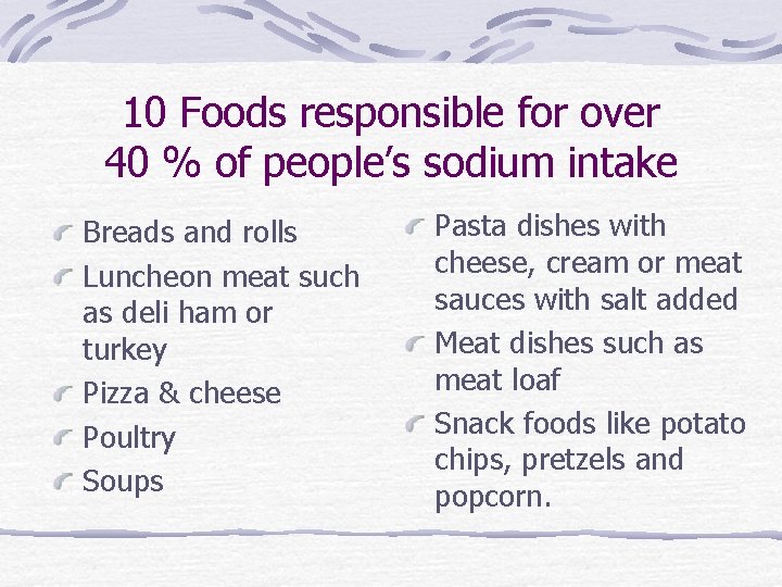 10 Foods responsible for over 40 % of people’s sodium intake Breads and rolls