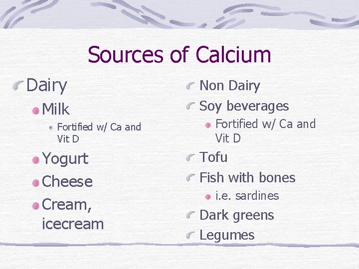 Sources of Calcium Dairy Milk Fortified w/ Ca and Vit D Yogurt Cheese Cream,