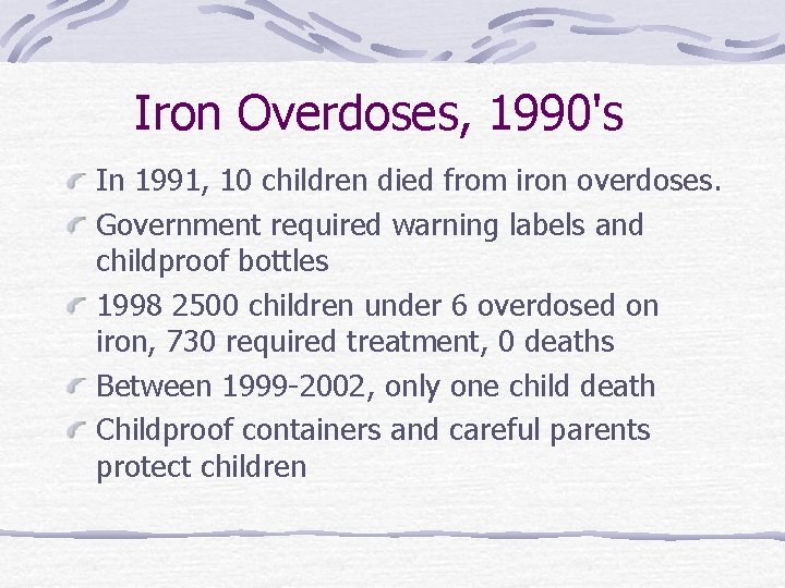 Iron Overdoses, 1990's In 1991, 10 children died from iron overdoses. Government required warning
