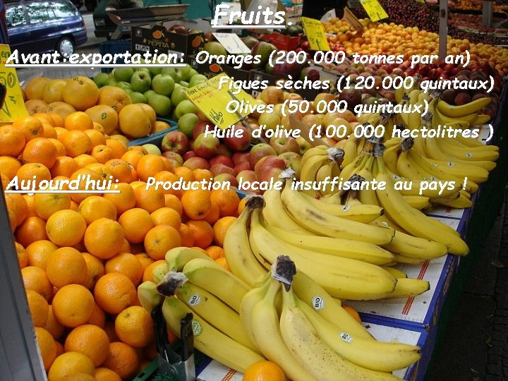 Fruits. Avant: exportation: Oranges (200. 000 tonnes par an) Figues sèches (120. 000 quintaux)