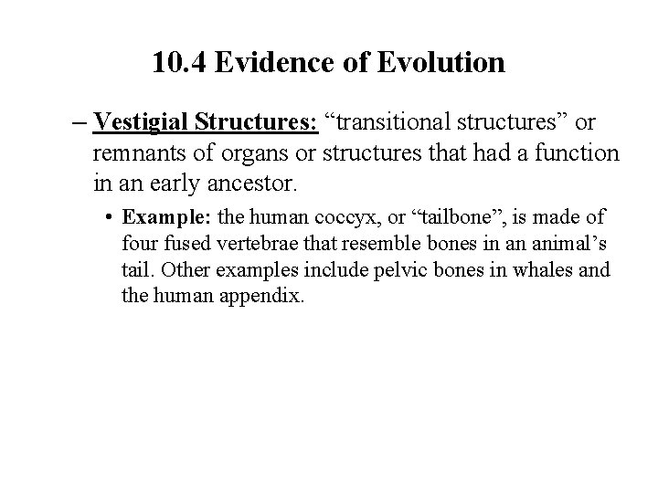 10. 4 Evidence of Evolution – Vestigial Structures: “transitional structures” or remnants of organs