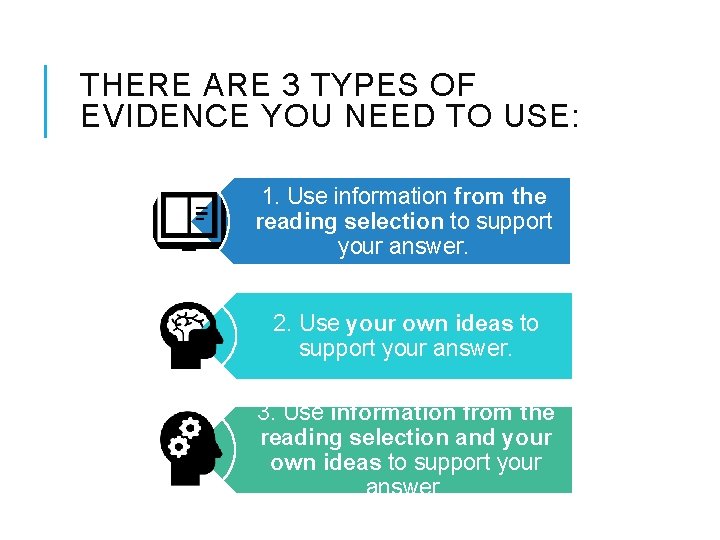 THERE ARE 3 TYPES OF EVIDENCE YOU NEED TO USE: 1. Use information from