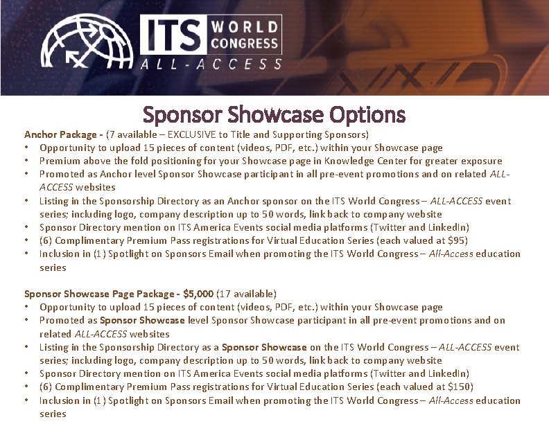 Sponsor Showcase Options Anchor Package - (7 available – EXCLUSIVE to Title and Supporting