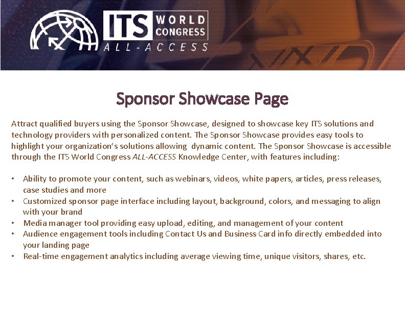 Sponsor Showcase Page Attract qualified buyers using the Sponsor Showcase, designed to showcase key