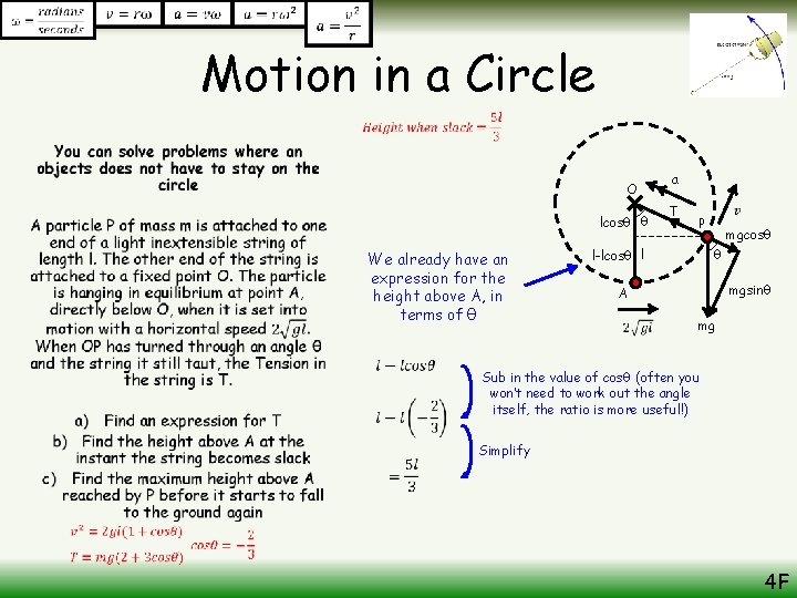 Motion in a Circle • O lcosθ θ We already have an expression for