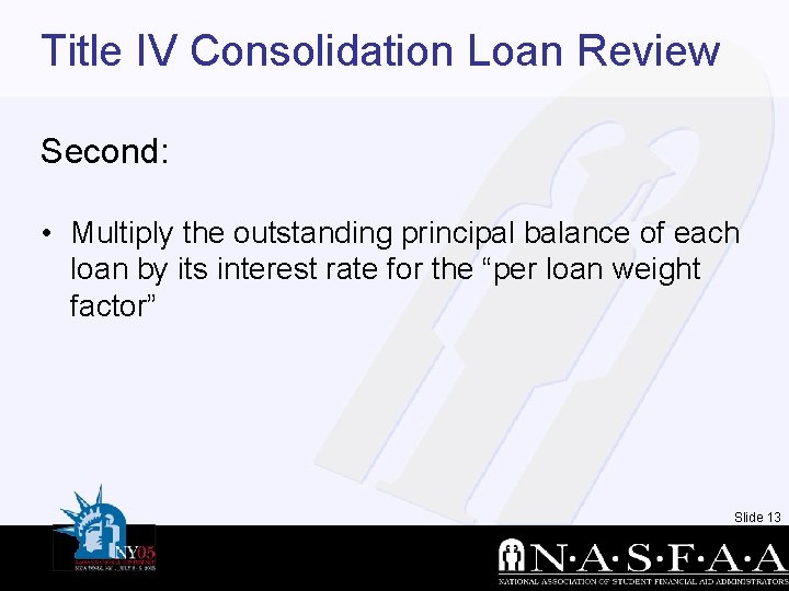 Title IV Consolidation Loan Review Second: • Multiply the outstanding principal balance of each