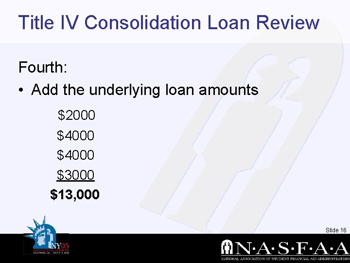 Title IV Consolidation Loan Review Fourth: • Add the underlying loan amounts $2000 $4000